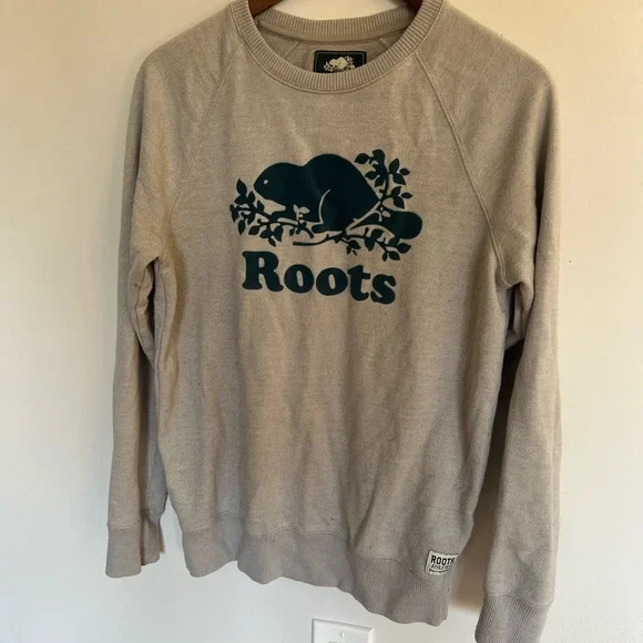 Roots Light Gray Crew Neck Sweater with Navy Logo - Picture 2 of 5